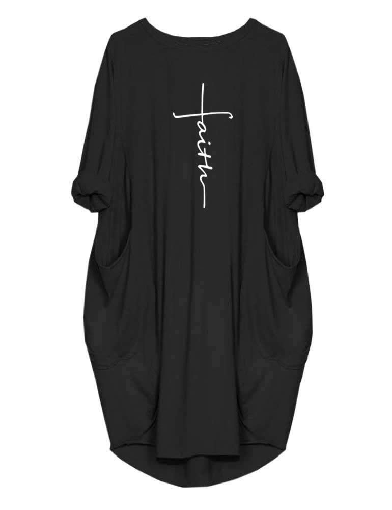 Rfecccy Women's Faith Oversize Baggy Long Sleeve T Shirt Causal Loose Midi Dresses with Pockets Black - Image 1